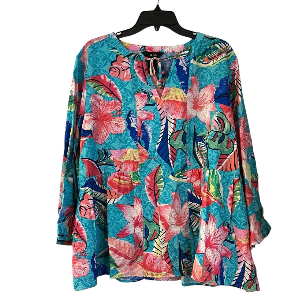 Ali Miles Popover Top Women's XL Multicolor 3/4 Sleeve Pockets Floral Artsy Boho
